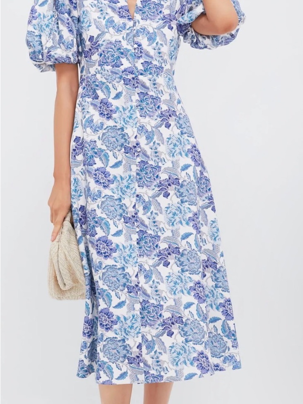 Hyacinth House Steel Blue Floral Puff-Sleeve Midi Dress -